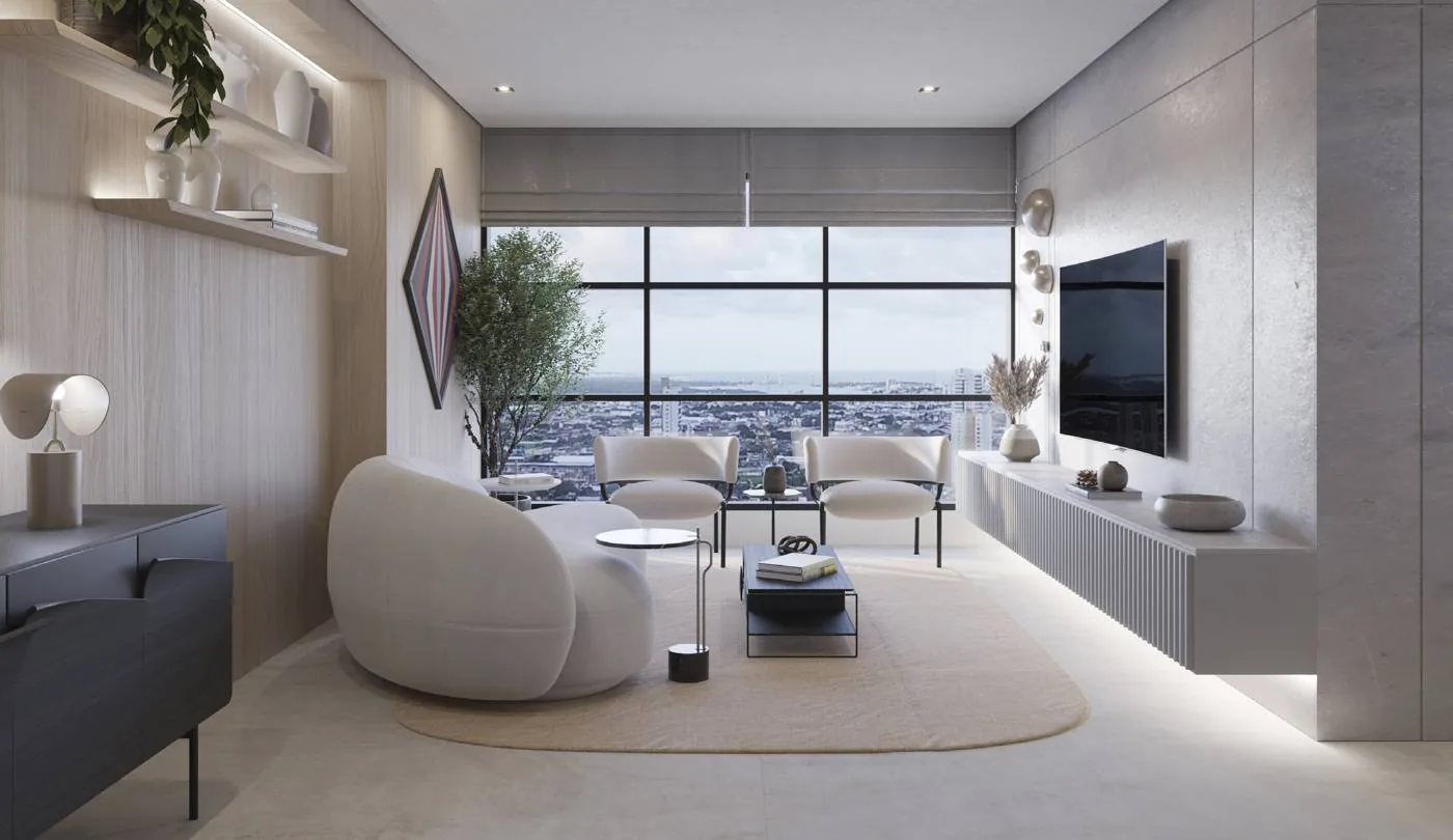Sala de estar decorada com vista para a cidade