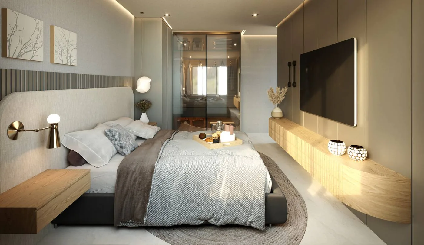 Suíte decorada com cama de casal